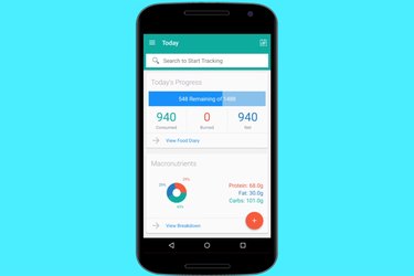 A weight-loss app shown on a smartphone, on a bright blue background